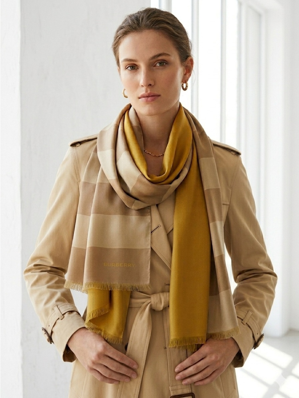 Burberry Beige & Tan Stripe Silk Wrap Scarf with Golden Yellow Reversible Back